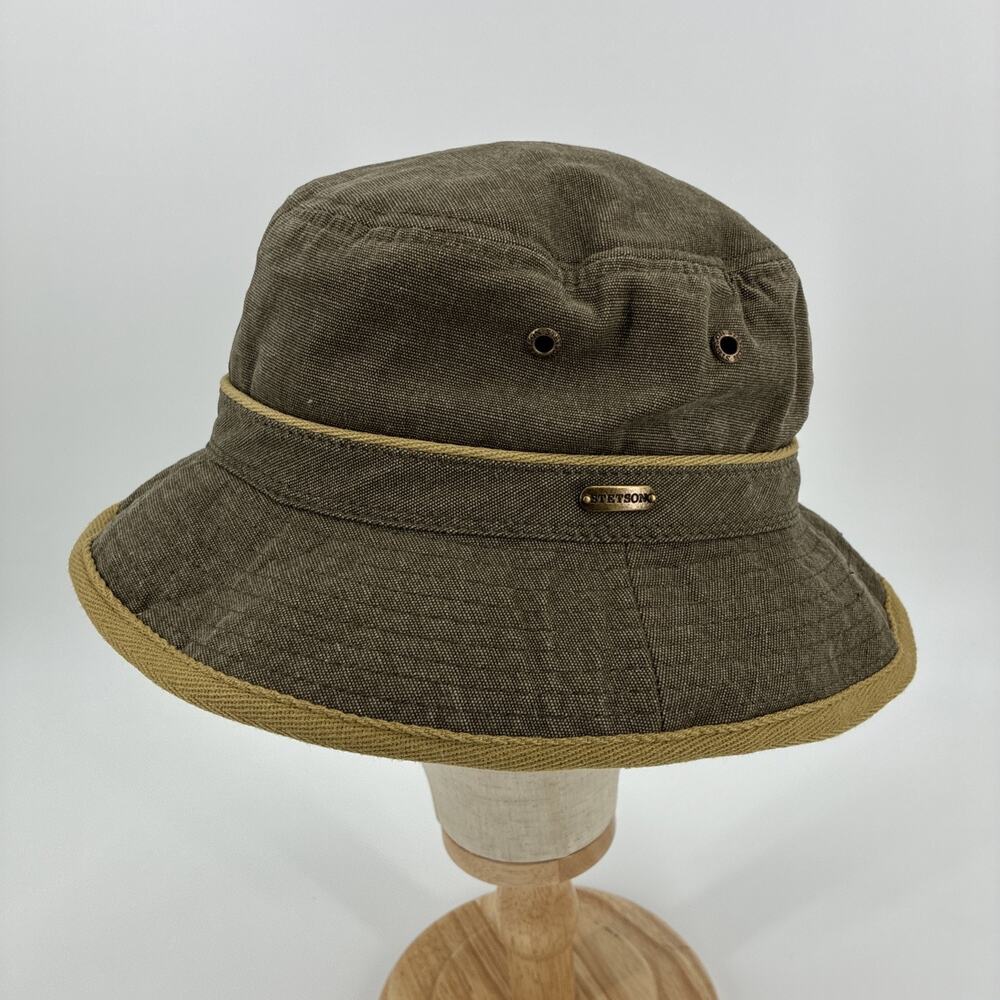 Stetson Oxford Bucket Hat XL Brown Beige Canvas Safari Outdoor Fishing Hiking